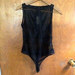 Guess Black Sheer Floral Lace Mesh Bodysuit Top NWT Large Y2K Goth Witchy Grunge